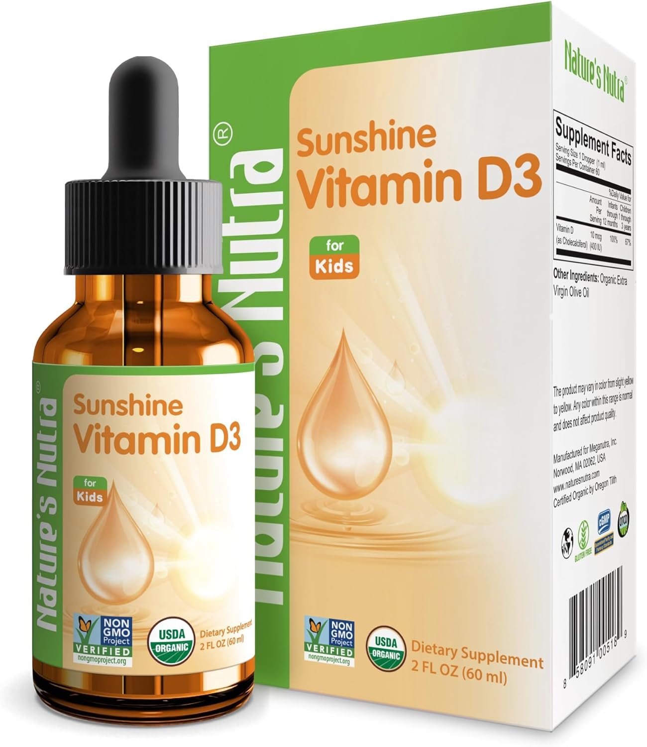 Premium Baby Liquid Vitamin D3 Drops - 400IU, 2 Fl. Oz - Non-GMO Multivitamin for Toddlers & Children