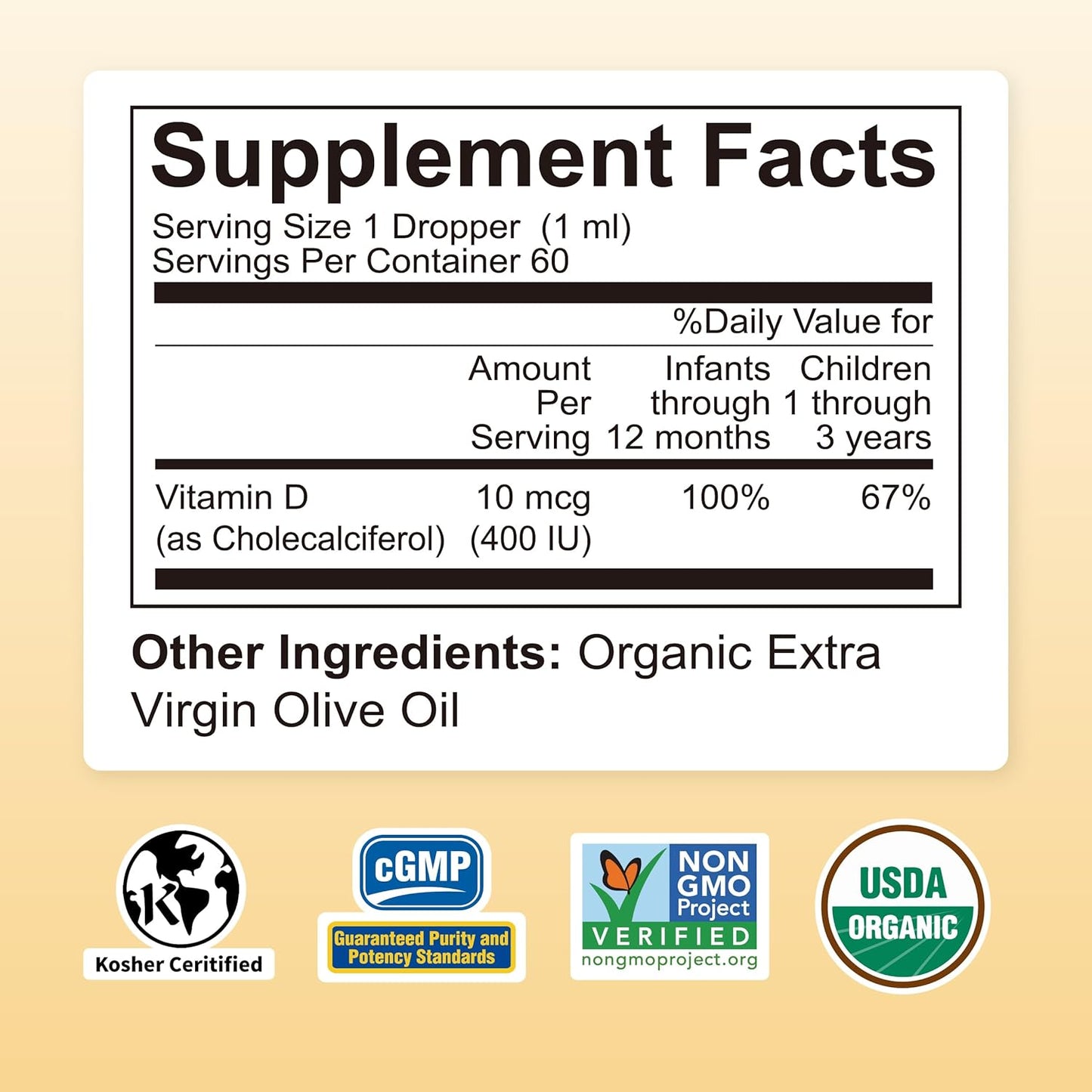 Premium Baby Liquid Vitamin D3 Drops - 400IU, 2 Fl. Oz - Non-GMO Multivitamin for Toddlers & Children