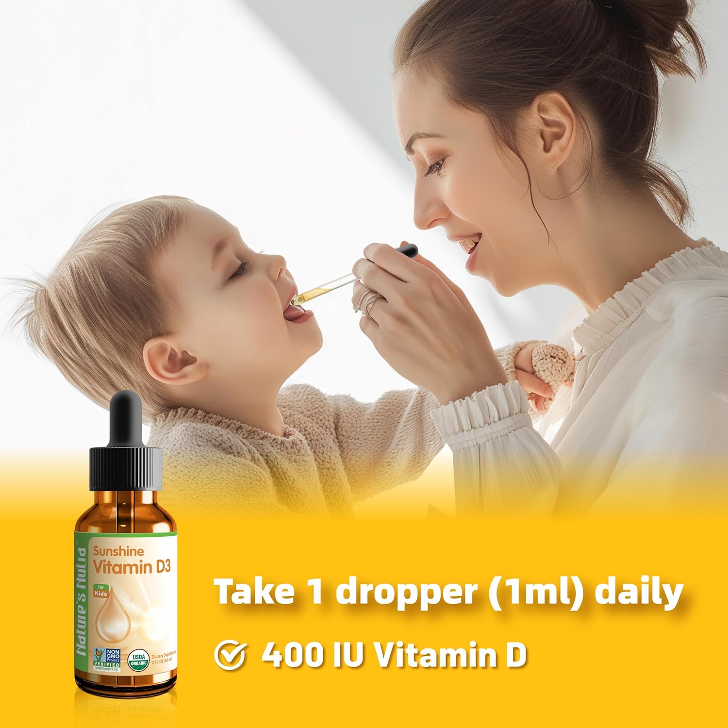 Premium Baby Liquid Vitamin D3 Drops - 400IU, 2 Fl. Oz - Non-GMO Multivitamin for Toddlers & Children