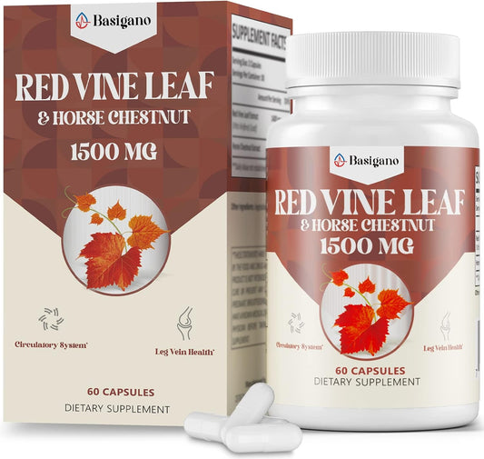 Premium Basigano Red Vine Leaf & Horse Chestnut Extract Capsules (Vitis Vinifera) 1500mg - Supports Healthy Veins, Circulation, Heart, and Skin