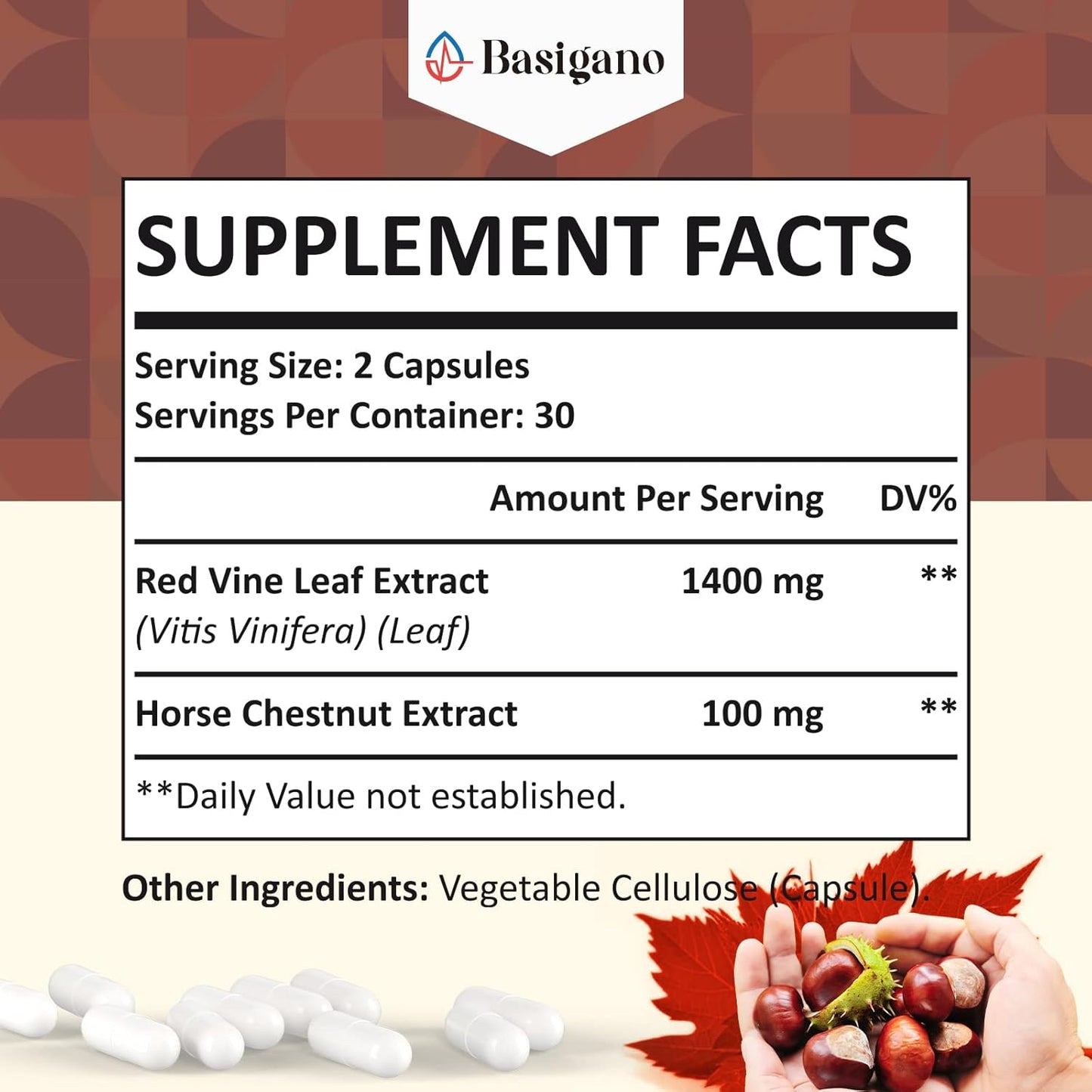 Premium Basigano Red Vine Leaf & Horse Chestnut Extract Capsules (Vitis Vinifera) 1500mg - Supports Healthy Veins, Circulation, Heart, and Skin