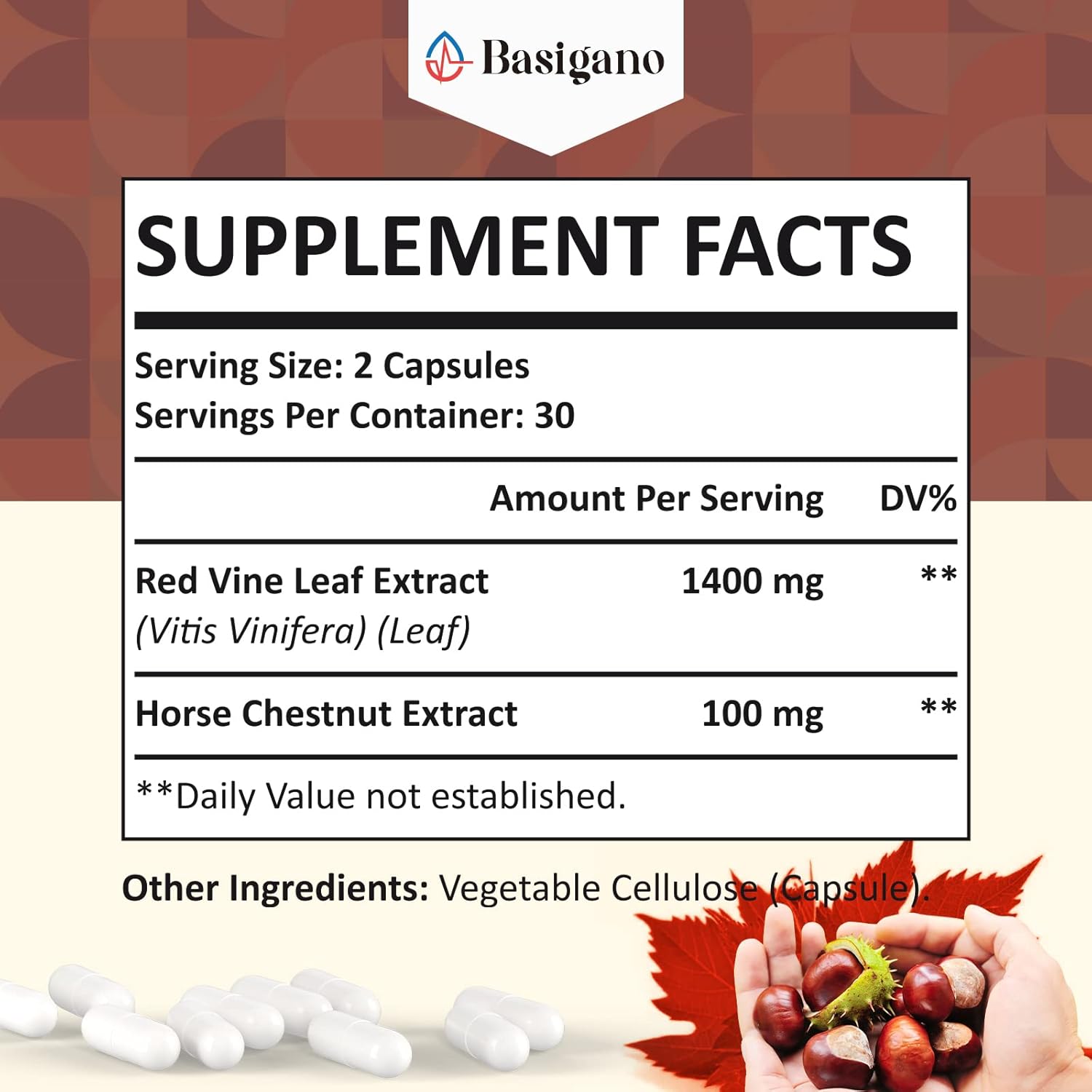 Premium Basigano Red Vine Leaf & Horse Chestnut Extract Capsules (Vitis Vinifera) 1500mg - Supports Healthy Veins, Circulation, Heart, and Skin