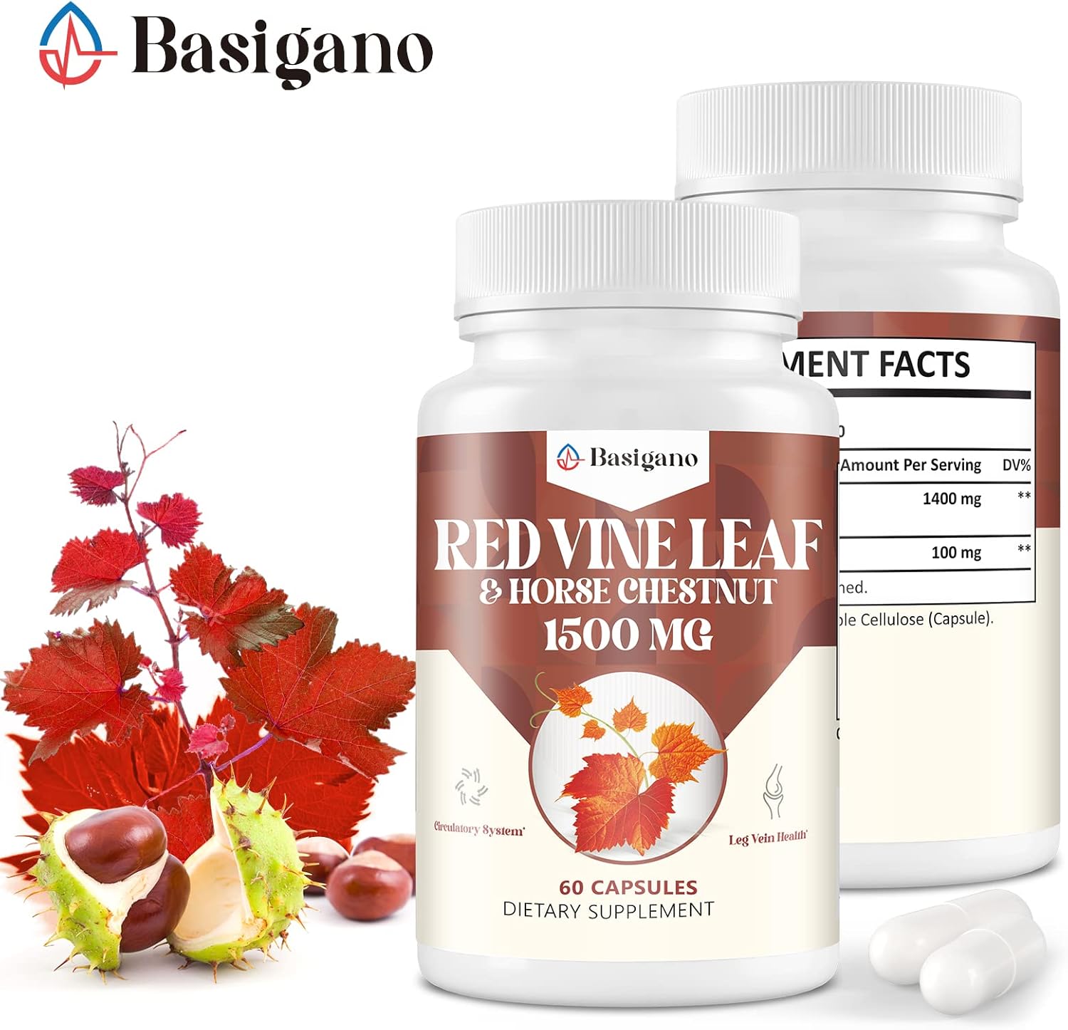 Premium Basigano Red Vine Leaf & Horse Chestnut Extract Capsules (Vitis Vinifera) 1500mg - Supports Healthy Veins, Circulation, Heart, and Skin