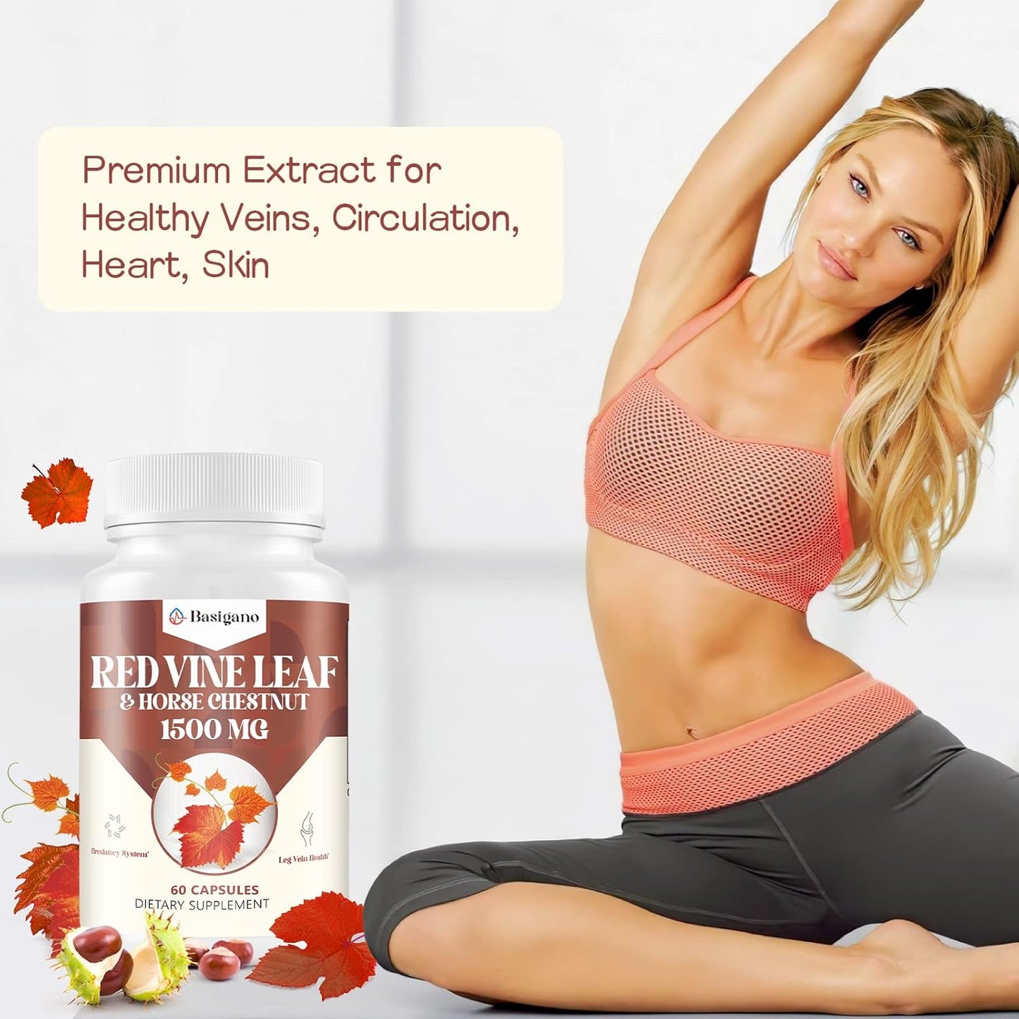Premium Basigano Red Vine Leaf & Horse Chestnut Extract Capsules (Vitis Vinifera) 1500mg - Supports Healthy Veins, Circulation, Heart, and Skin