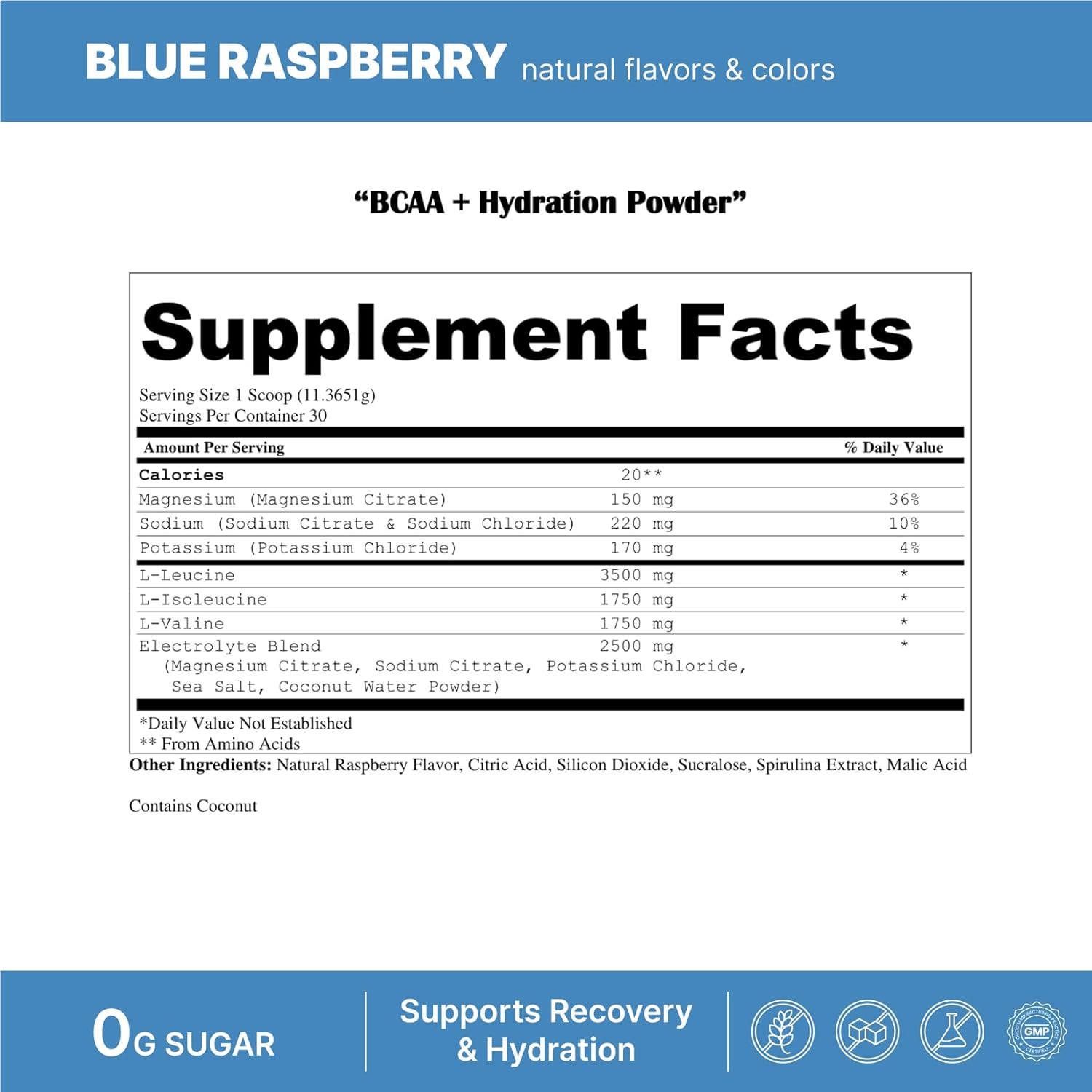 Premium BCAA+ Hydration Powder for Muscle Support & Recovery - 7g BCAA & 2.5g Electrolytes - Non-GMO, Gluten Free, Keto Friendly - Natural Flavor, Zero Sugar - 30 Servings