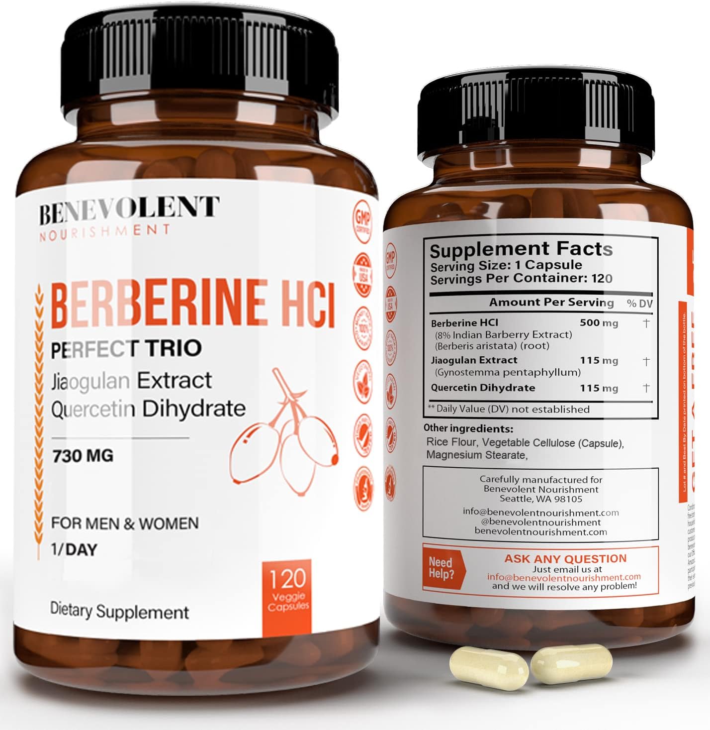 Premium Berberine HCL 730mg Capsules with Jiaogulan & Quercetin - 120 VCAPS Complex for Optimal Health