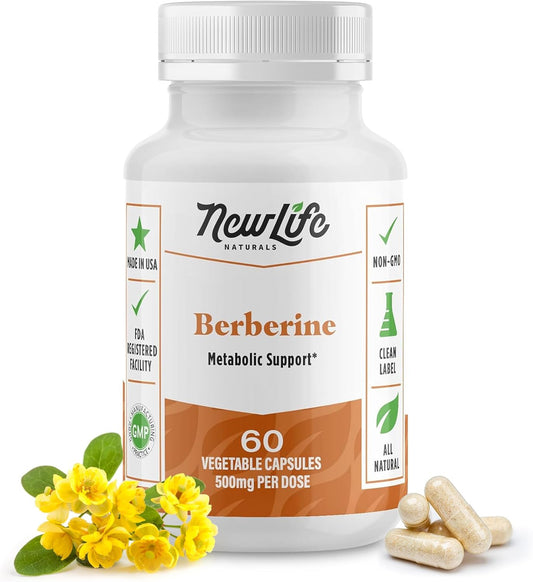 Premium Berberine HCL Supplement for Cardiovascular and Metabolic Health - Non-GMO 500mg Extract - 60 Vegetable Capsules by NewLife Naturals