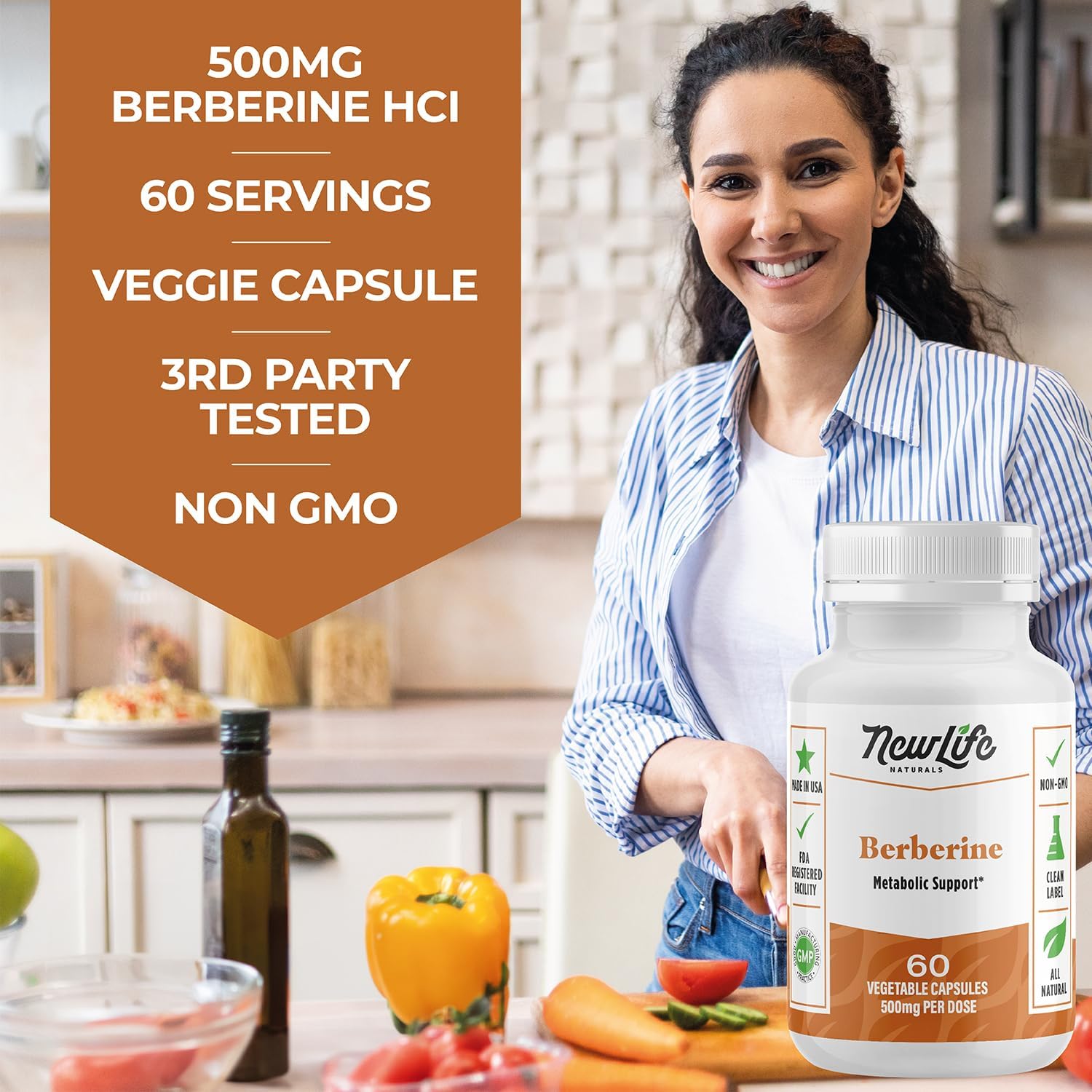 Premium Berberine HCL Supplement for Cardiovascular and Metabolic Health - Non-GMO 500mg Extract - 60 Vegetable Capsules by NewLife Naturals