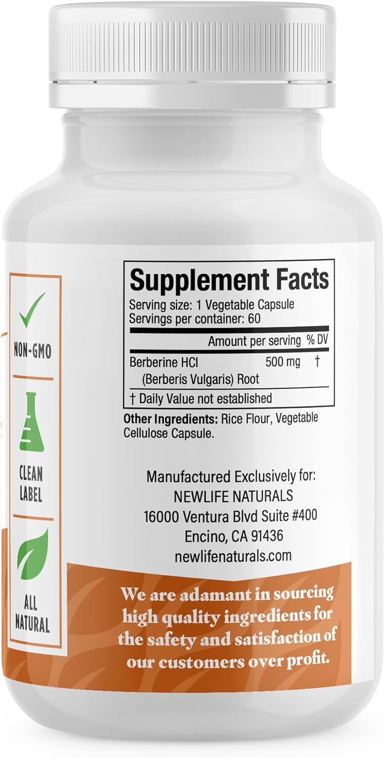 Premium Berberine HCL Supplement for Cardiovascular and Metabolic Health - Non-GMO 500mg Extract - 60 Vegetable Capsules by NewLife Naturals