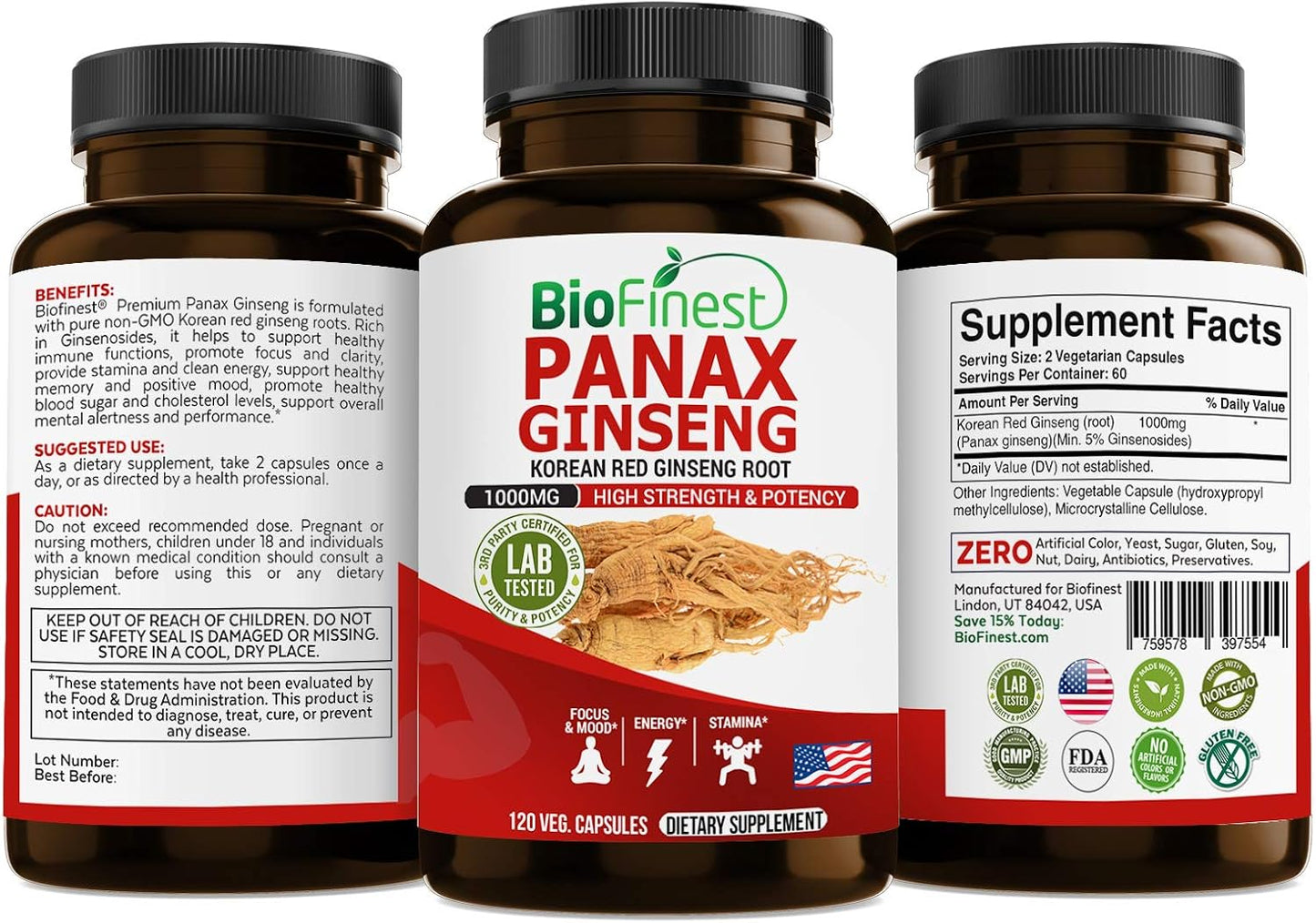 Premium BioFinest Korean Panax Ginseng Supplement - 1000mg Red Ginseng Root with 5% Ginsenosides for Enhanced Focus, Energy, Stamina, Memory, and Immune Support - 120 Capsules for Men and Women