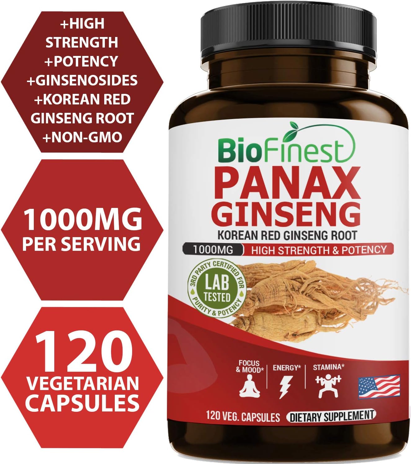 Premium BioFinest Korean Panax Ginseng Supplement - 1000mg Red Ginseng Root with 5% Ginsenosides for Enhanced Focus, Energy, Stamina, Memory, and Immune Support - 120 Capsules for Men and Women