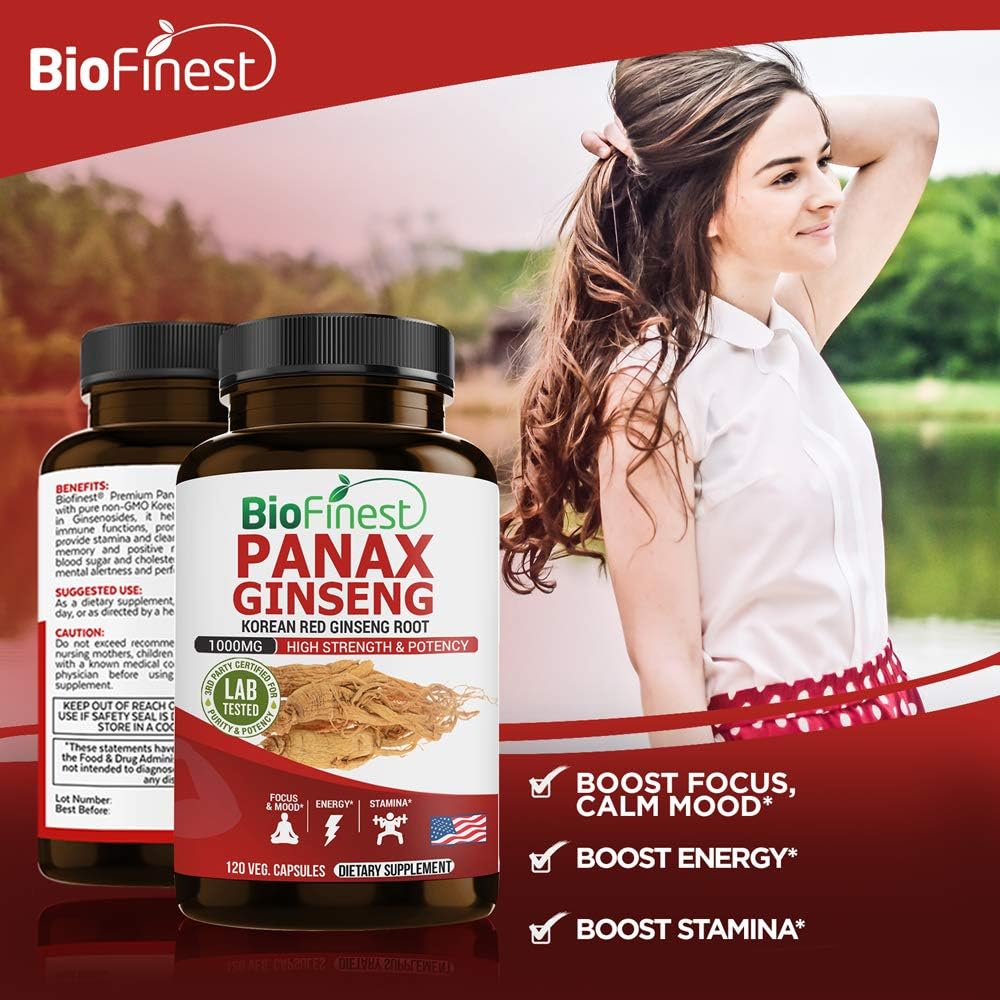 Premium BioFinest Korean Panax Ginseng Supplement - 1000mg Red Ginseng Root with 5% Ginsenosides for Enhanced Focus, Energy, Stamina, Memory, and Immune Support - 120 Capsules for Men and Women