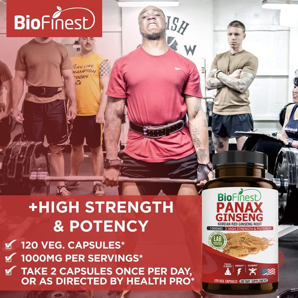 Premium BioFinest Korean Panax Ginseng Supplement - 1000mg Red Ginseng Root with 5% Ginsenosides for Enhanced Focus, Energy, Stamina, Memory, and Immune Support - 120 Capsules for Men and Women