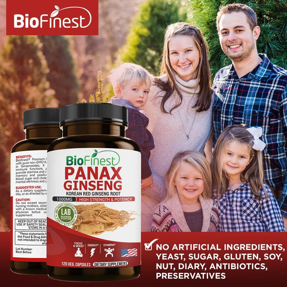Premium BioFinest Korean Panax Ginseng Supplement - 1000mg Red Ginseng Root with 5% Ginsenosides for Enhanced Focus, Energy, Stamina, Memory, and Immune Support - 120 Capsules for Men and Women