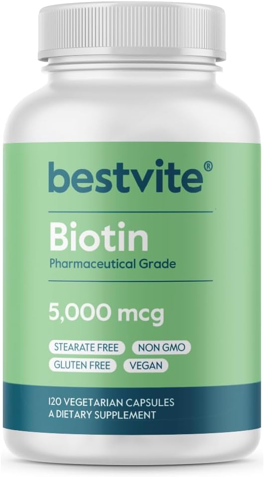Premium Biotin 5000mcg Capsules for Hair, Skin, Nails - Vegan, Non GMO, Gluten Free - 120 Vegetarian Capsules