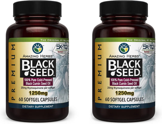 Premium Black Seed Oil Capsules - Cold Pressed Nigella Sativa for Digestive Health, Immune Support & Brain Function - 60 Count, 1250mg (2 Pack)