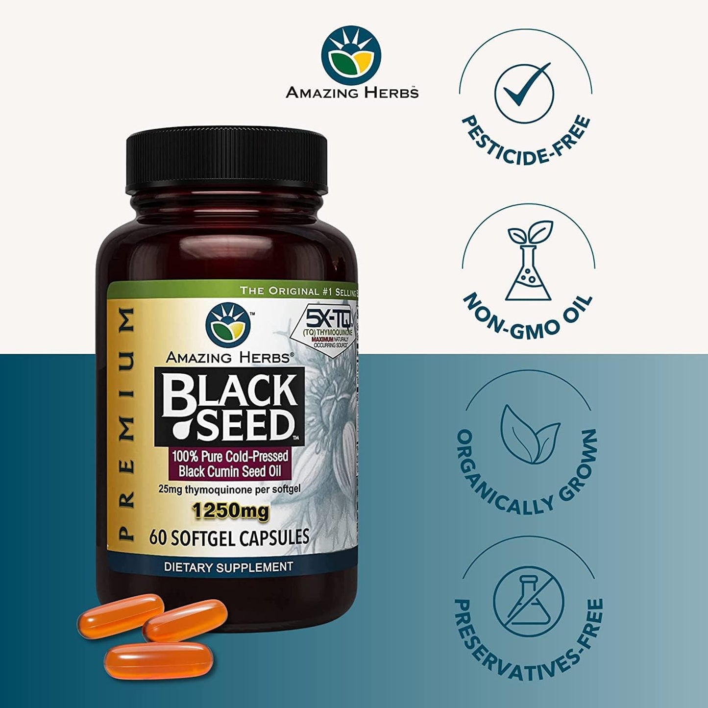 Premium Black Seed Oil Capsules - Cold Pressed Nigella Sativa for Digestive Health, Immune Support & Brain Function - 60 Count, 1250mg (2 Pack)