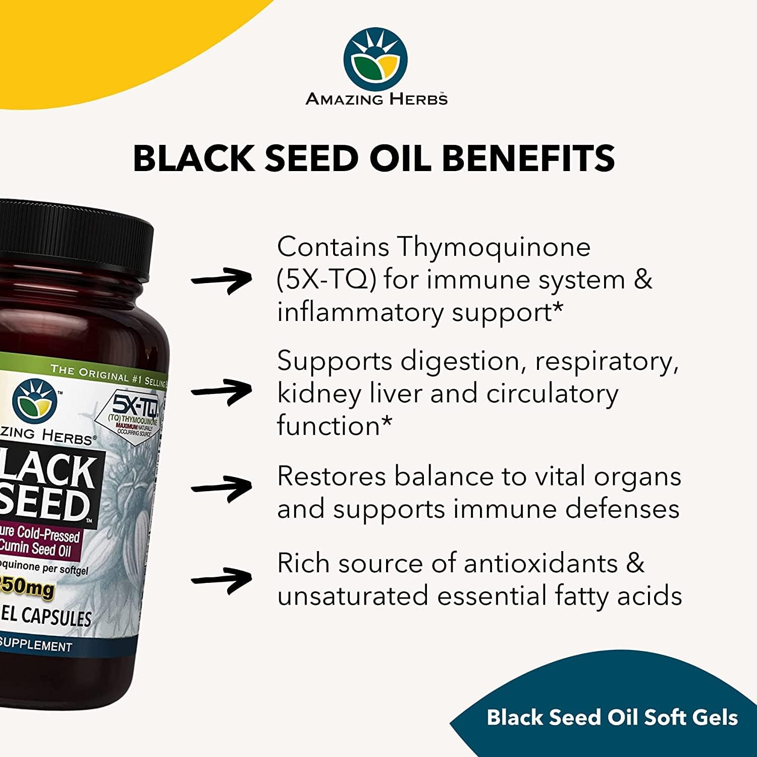 Premium Black Seed Oil Capsules - Cold Pressed Nigella Sativa for Digestive Health, Immune Support & Brain Function - 60 Count, 1250mg (2 Pack)
