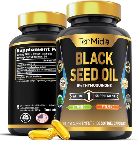 Premium Black Seed Oil Capsules with Vitamin C & E - 4in1 Formula for Digestive Health & Immune Support - 150 Softgels