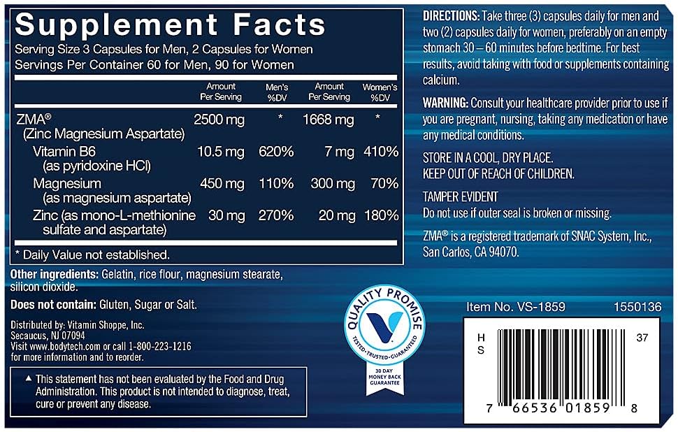 Premium BodyTech ZMA: Zinc, Magnesium, Vitamin B6 Muscle Recovery & Sleep Support (180 Capsules)