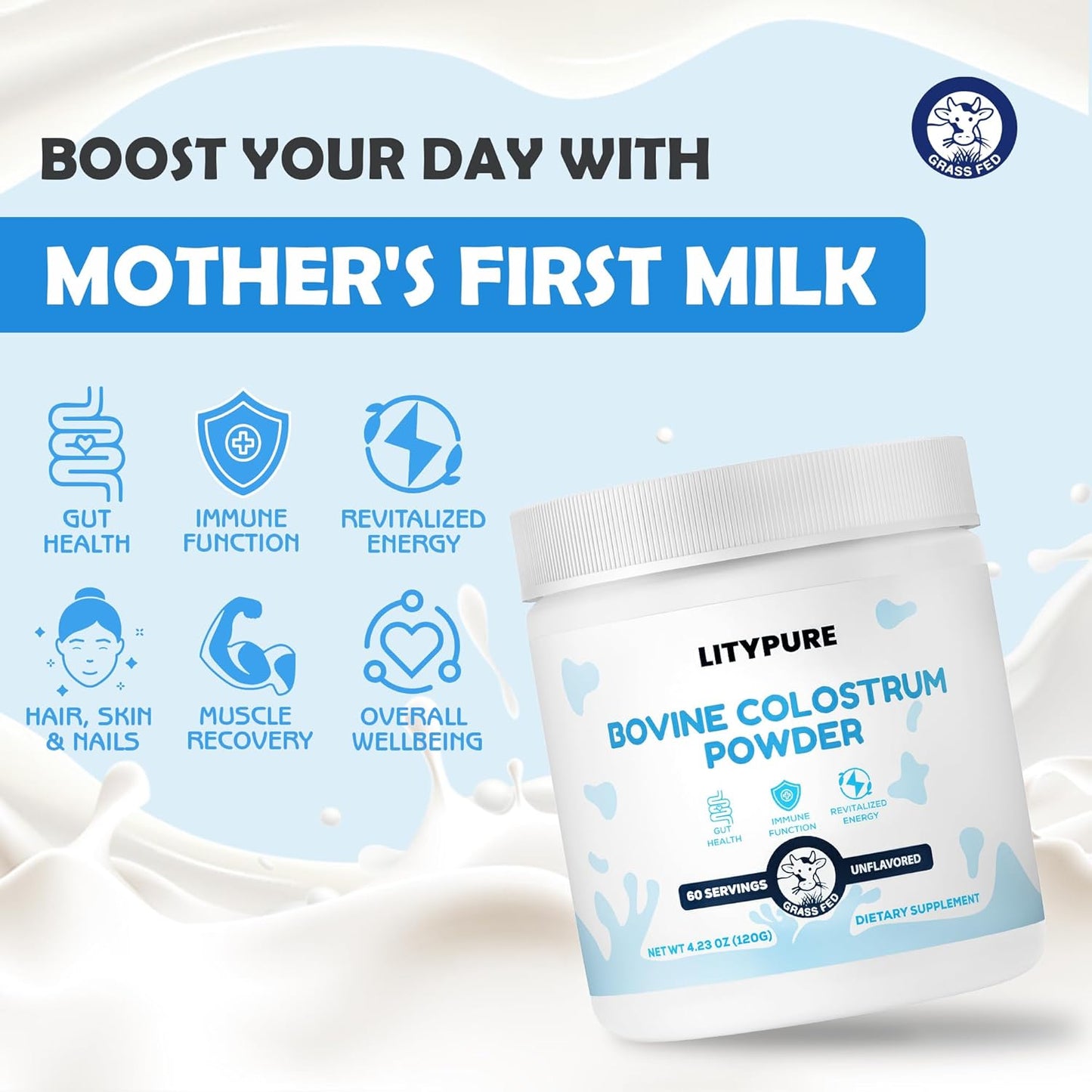 Premium Bovine Colostrum Supplement for Gut Health, Hair Growth, Beauty, and Immune Support - High IgG Content, Gluten Free, USA-Made - Unflavored Formula for Optimal Health and Wellness