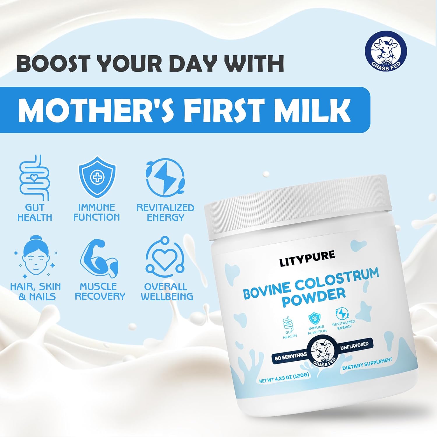 Premium Bovine Colostrum Supplement for Gut Health, Hair Growth, Beauty, and Immune Support - High IgG Content, Gluten Free, USA-Made - Unflavored Formula for Optimal Health and Wellness