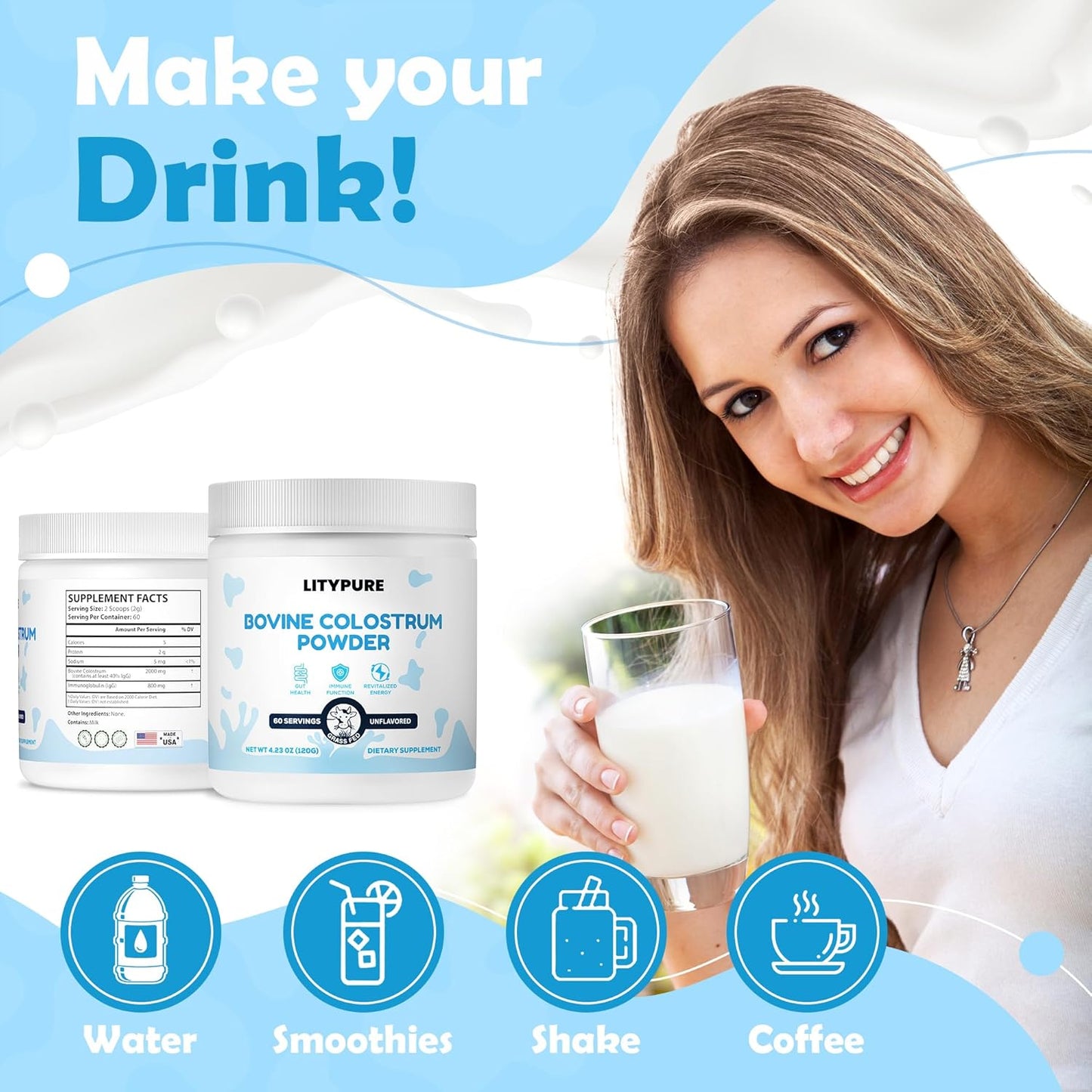 Premium Bovine Colostrum Supplement for Gut Health, Hair Growth, Beauty, and Immune Support - High IgG Content, Gluten Free, USA-Made - Unflavored Formula for Optimal Health and Wellness