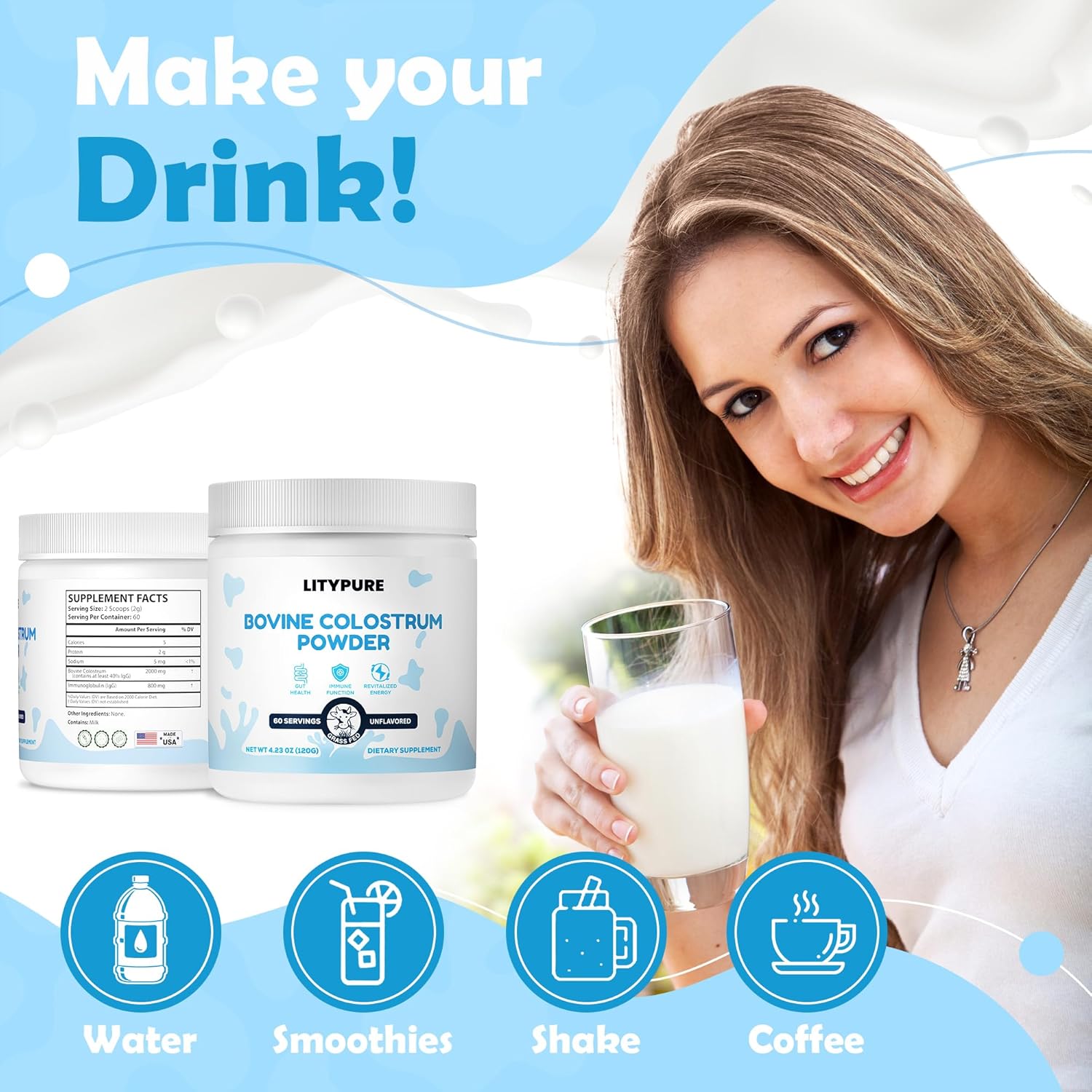 Premium Bovine Colostrum Supplement for Gut Health, Hair Growth, Beauty, and Immune Support - High IgG Content, Gluten Free, USA-Made - Unflavored Formula for Optimal Health and Wellness