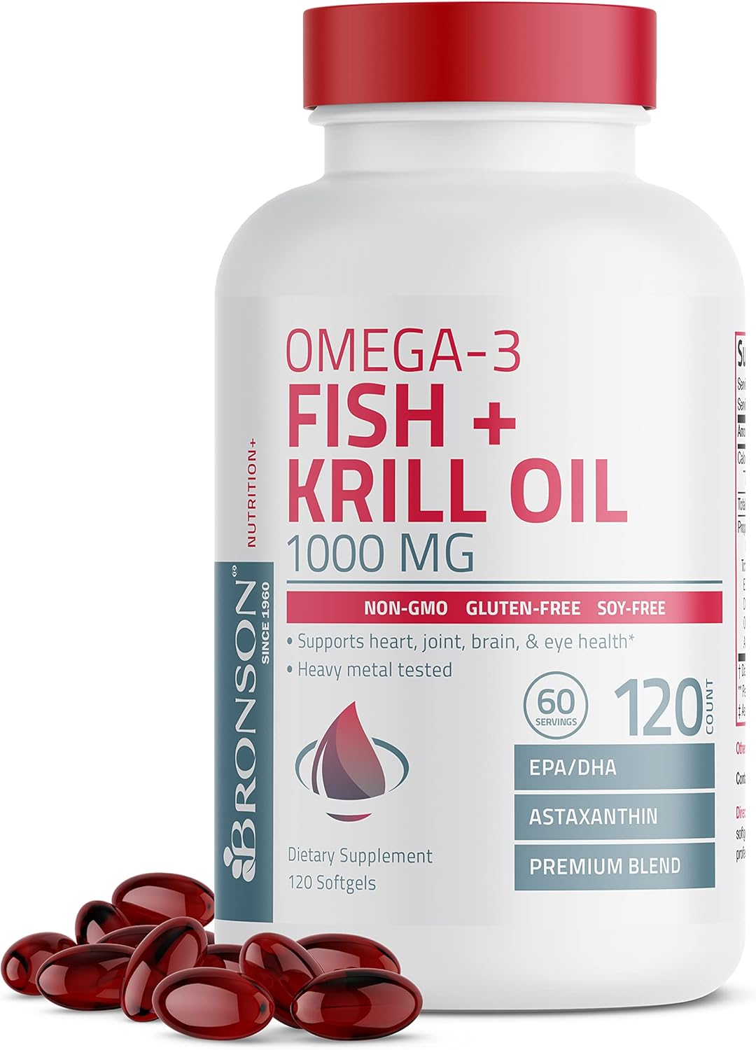 Premium Bronson Omega-3 Fish and Krill Oil Softgels with Astaxanthin for Joint, Brain, and Eye Health - Non GMO, Heavy Metal Tested - 120 Count