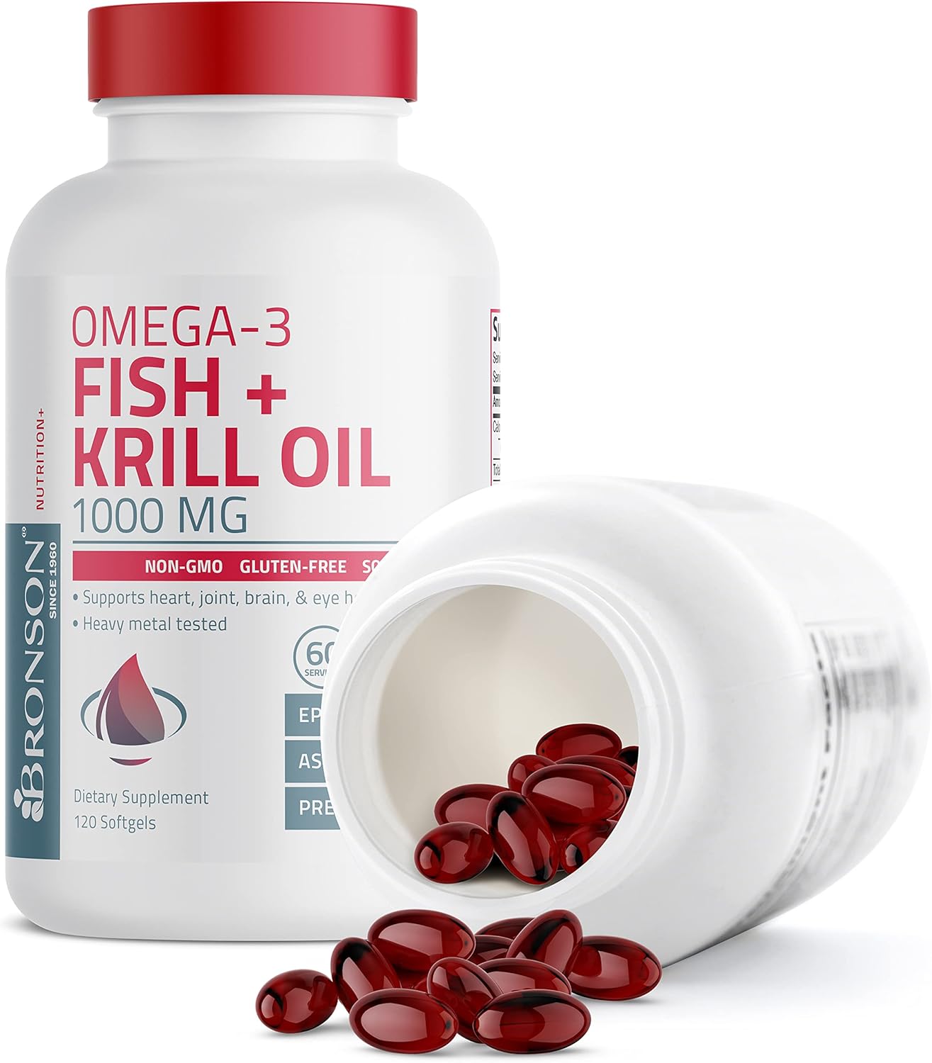 Premium Bronson Omega-3 Fish and Krill Oil Softgels with Astaxanthin for Joint, Brain, and Eye Health - Non GMO, Heavy Metal Tested - 120 Count