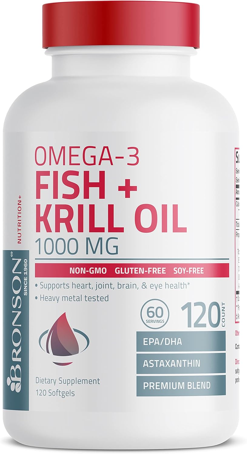 Premium Bronson Omega-3 Fish and Krill Oil Softgels with Astaxanthin for Joint, Brain, and Eye Health - Non GMO, Heavy Metal Tested - 120 Count