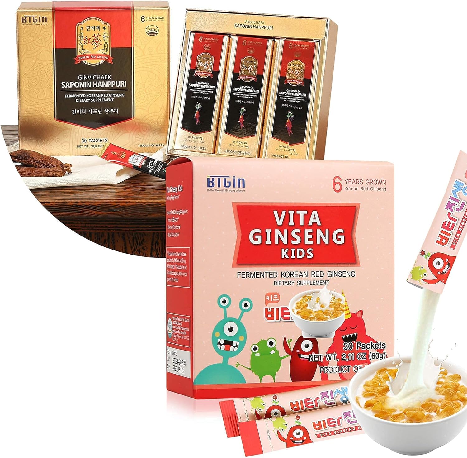Premium Bundle: BTGIN Saponin Hanppuri Immune & Stamina Boost + VITA Ginseng Kids Support & Memory Function - Immune Boost for Children