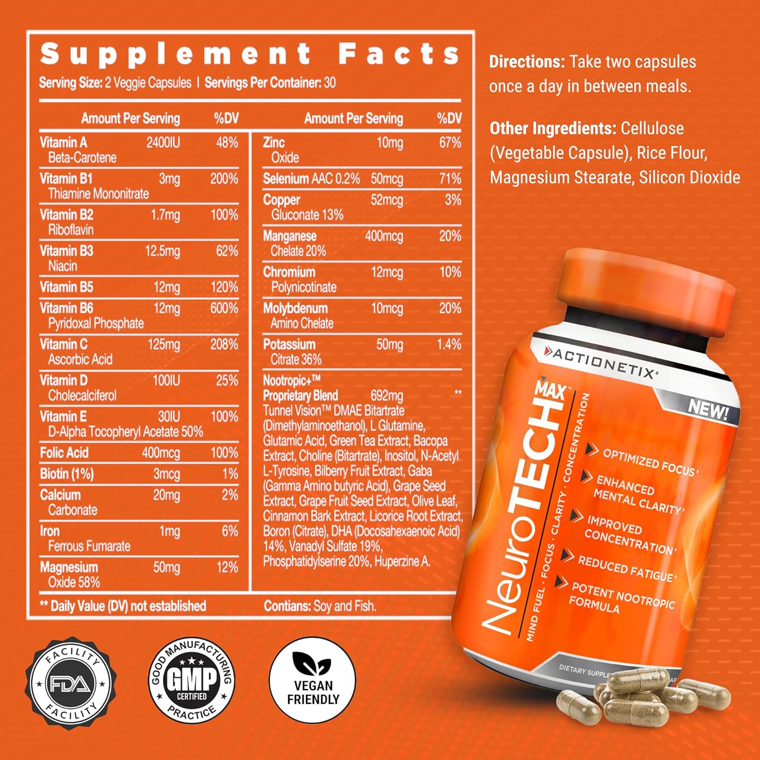 Premium Caffeine-Free Brain Supplements for Memory, Focus & Athletic Performance - NeuroTech MAX Formula with DMAE, Bacopa & Huperzine