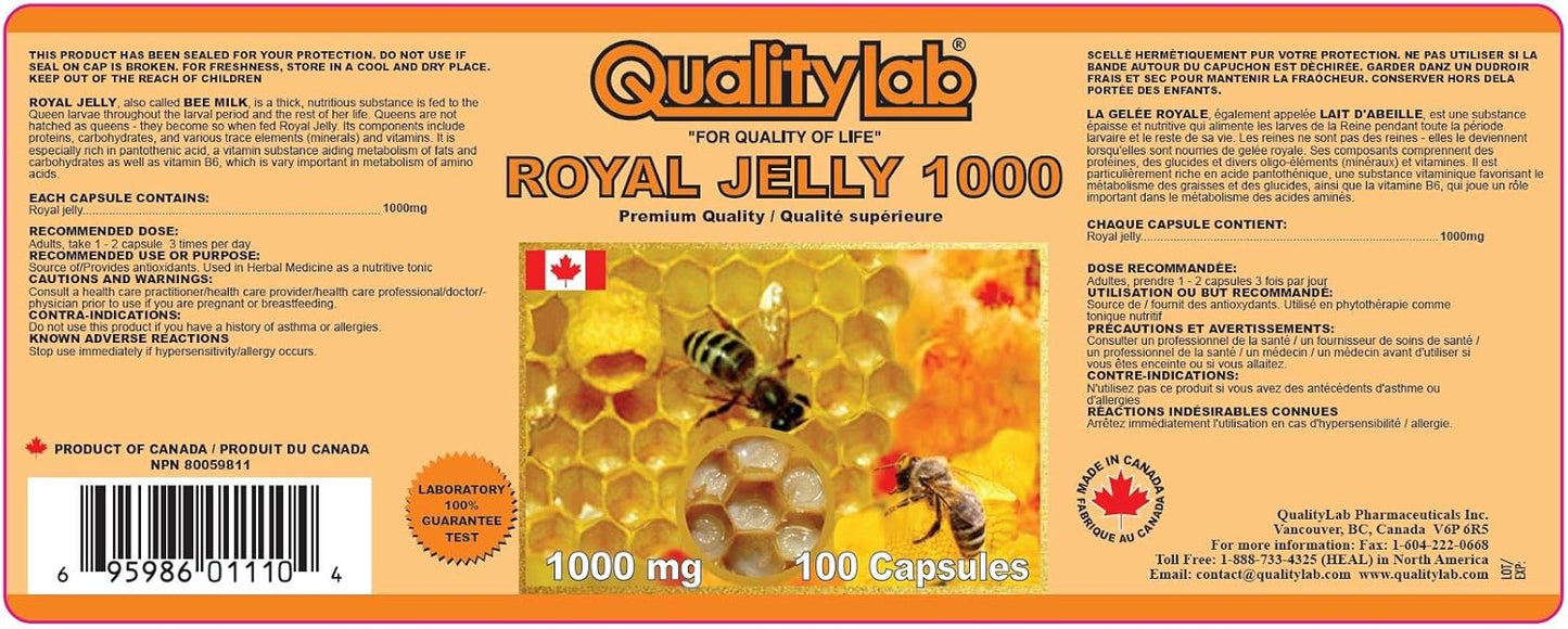 Premium Canadian-Made QUALITYLAB Royal Jelly Softgel Capsules - 1000mg, 100 Count