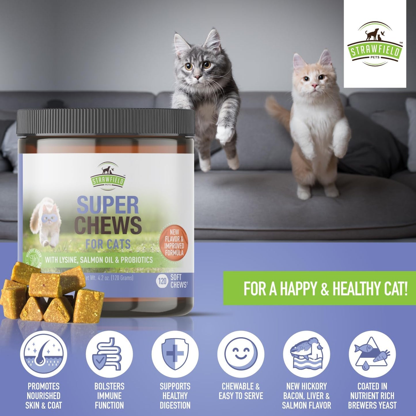 Premium Cat Chews with Lysine, Probiotics & Omega 3 Fish Oil - Supports Immune, Gut, Skin & Joint Health - 120 Salmon & Liver Softchews for Cats