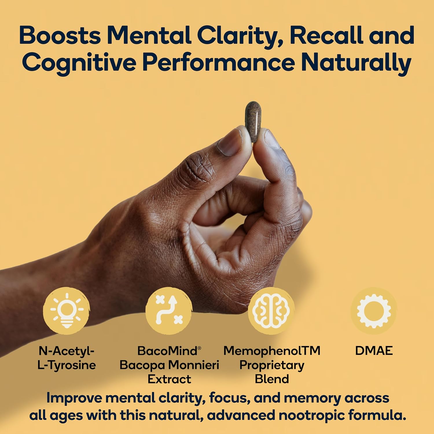 Premium Cognitive Enhancement Supplement with Natural Nootropics - Memophenol, Bacopa, & DMAE - 60 Veggie Capsules - Boost Focus and Memory