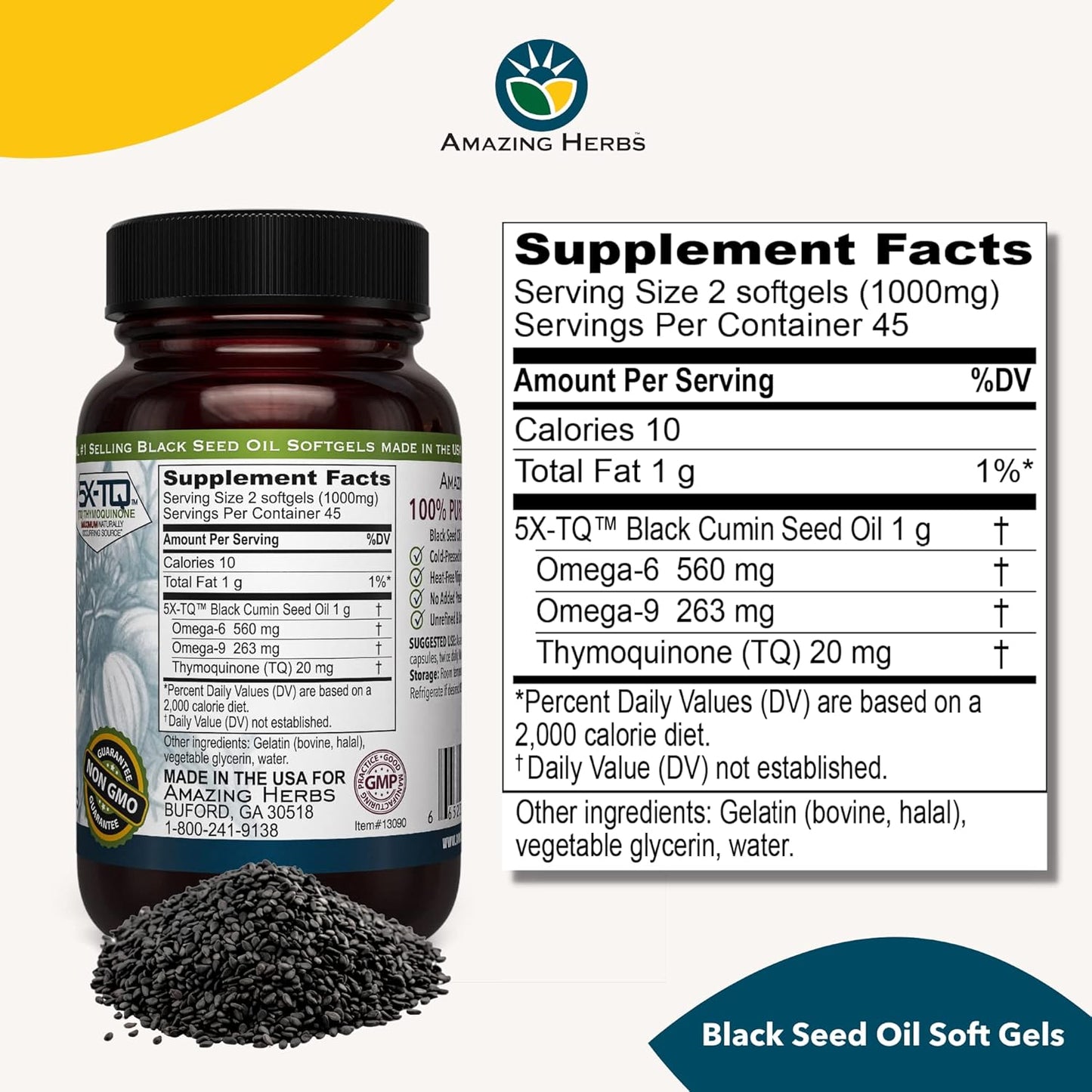 Premium Cold Pressed Black Seed Oil Capsules for Digestive Health, Immune Support, Brain Function - 90 Count, 500mg - Gluten Free & Non GMO - Nigella Sativa