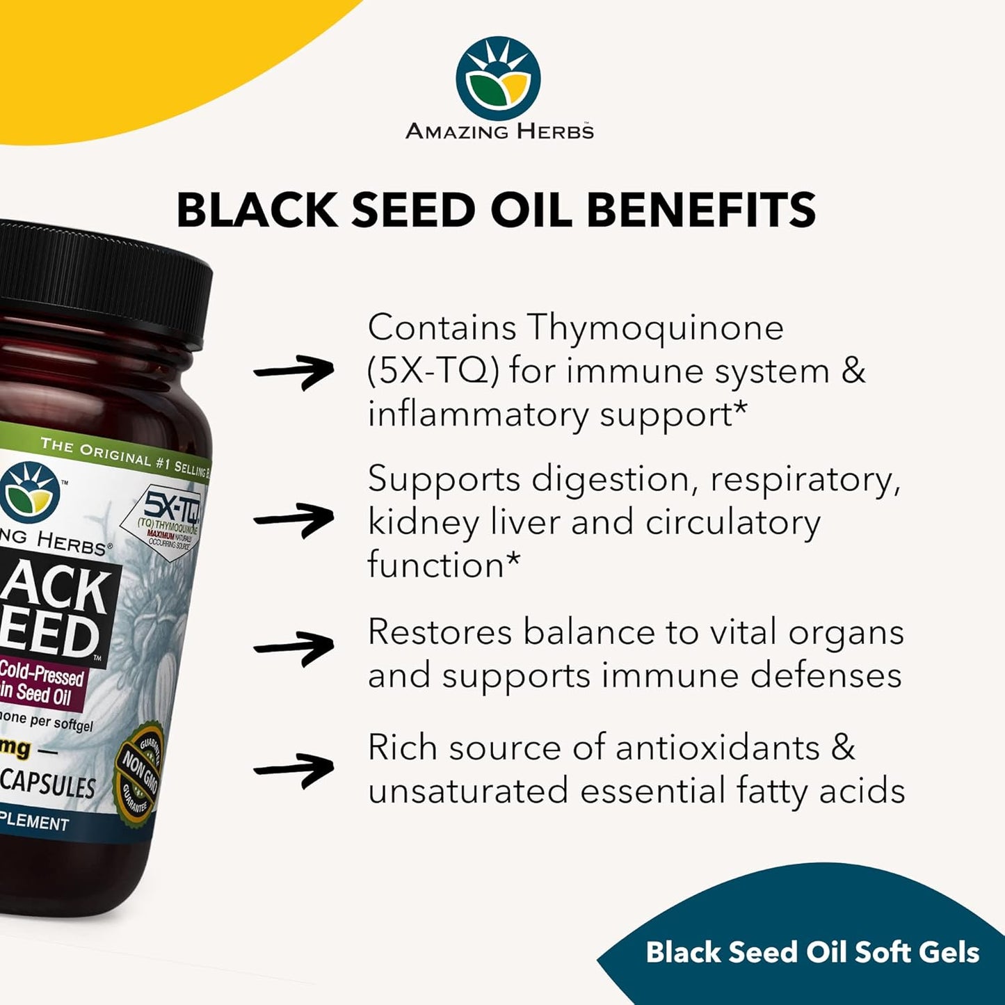 Premium Cold Pressed Black Seed Oil Capsules for Digestive Health, Immune Support, Brain Function - 90 Count, 500mg - Gluten Free & Non GMO - Nigella Sativa
