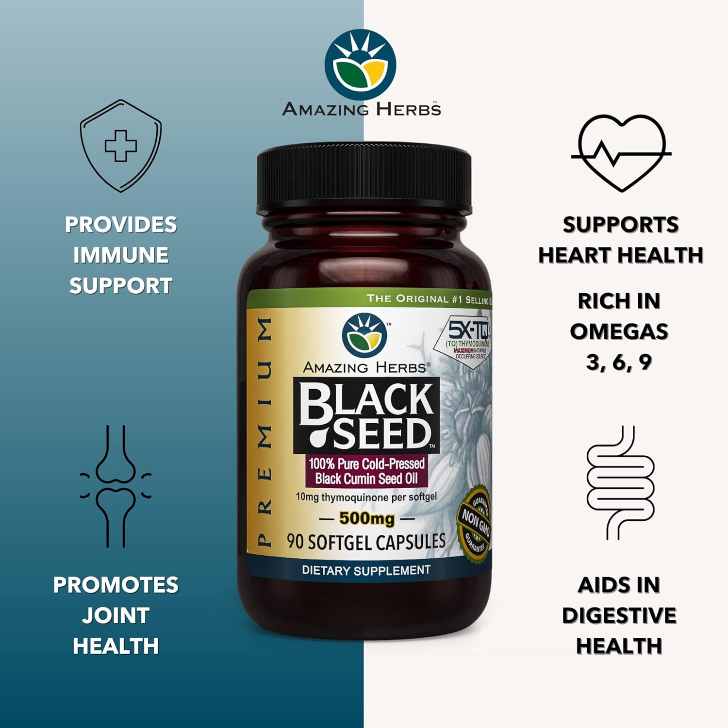 Premium Cold Pressed Black Seed Oil Capsules for Digestive Health, Immune Support, Brain Function - 90 Count, 500mg - Gluten Free & Non GMO - Nigella Sativa