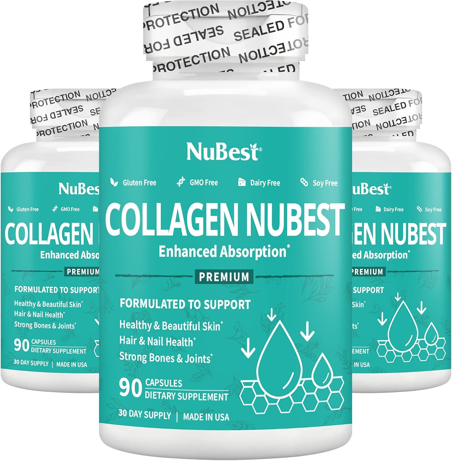 Premium Collagen Peptides Capsules for Hair, Nails, Skin - 1500mg - 3 Pack - Hair Growth Supplement with Vitamins - NuBest Collagen Formula for Adults
