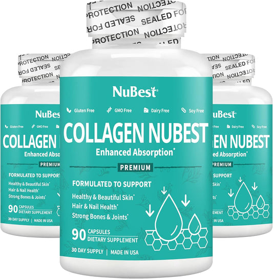 Premium Collagen Peptides Capsules for Hair, Nails, Skin - 1500mg - 3 Pack - Hair Growth Supplement with Vitamins - NuBest Collagen Formula for Adults