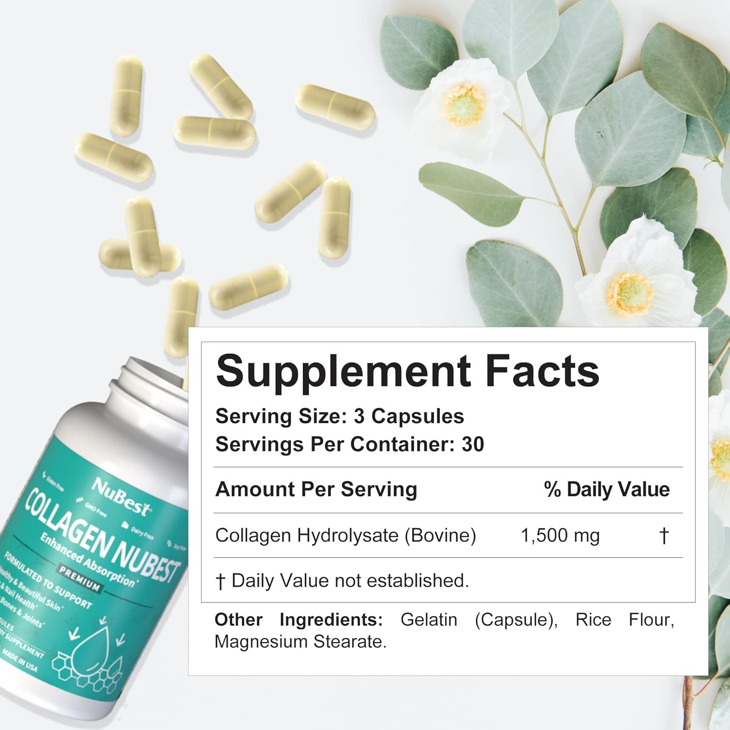 Premium Collagen Peptides Capsules for Hair, Nails, Skin - 1500mg - 3 Pack - Hair Growth Supplement with Vitamins - NuBest Collagen Formula for Adults