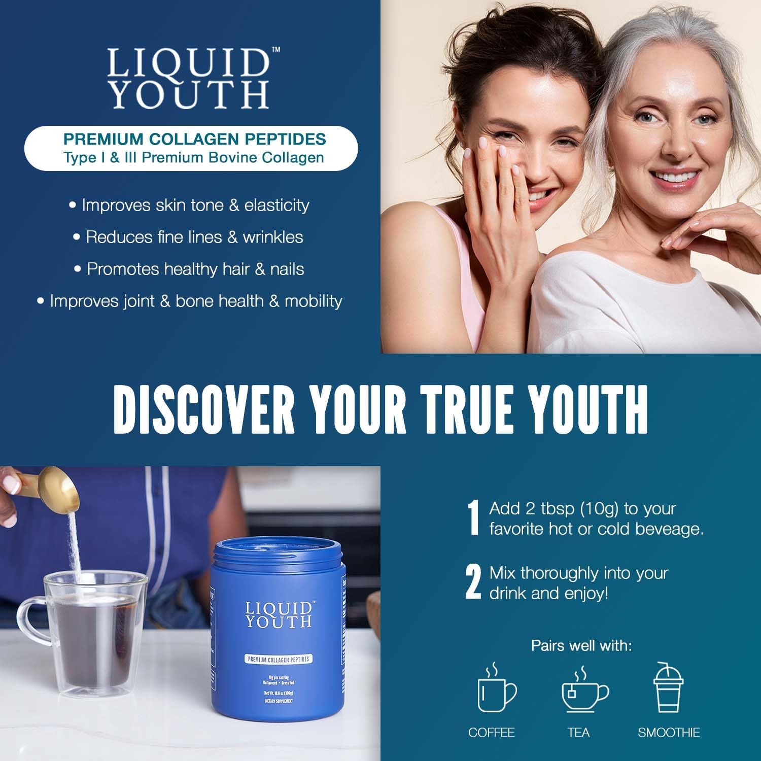 Premium Collagen Peptides Powder & Passion Fruit Liquid Shots - Grass-fed Bovine & Marine Type I & III Collagen for Hair, Skin, Nails, Bones, Joints - Men & Women - 40 Servings