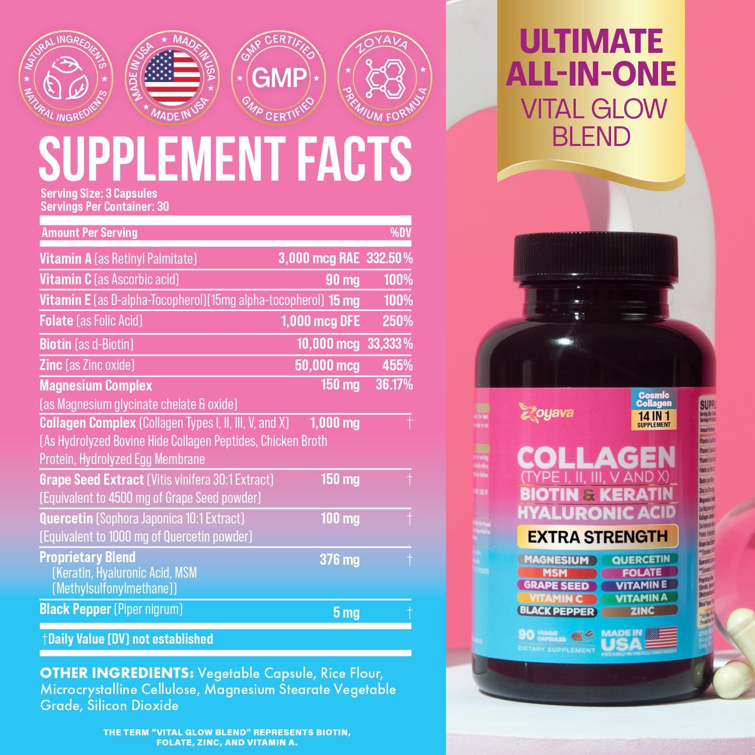 Premium Collagen Pills with Peptides & Essential Nutrients for Hair, Skin, and Nails (90 Capsules)
