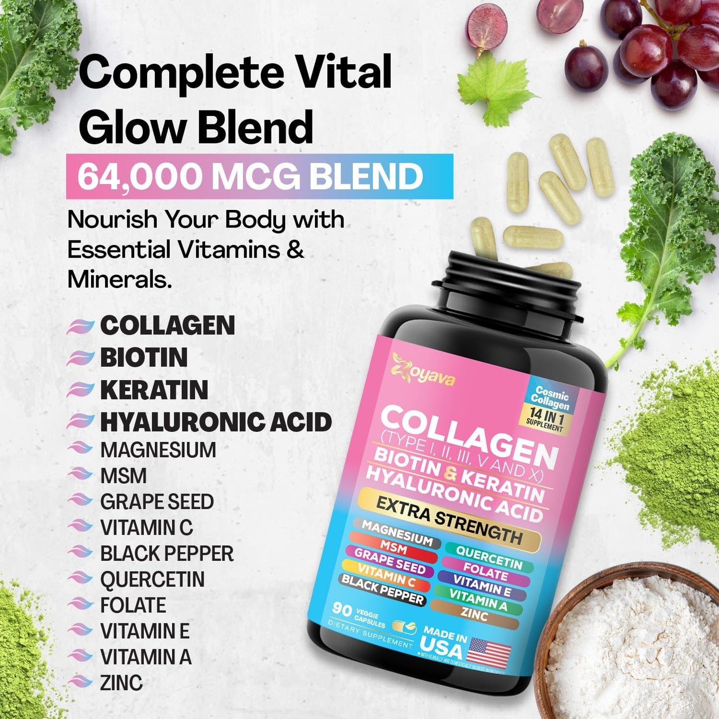 Premium Collagen Pills with Peptides & Essential Nutrients for Hair, Skin, and Nails (90 Capsules)