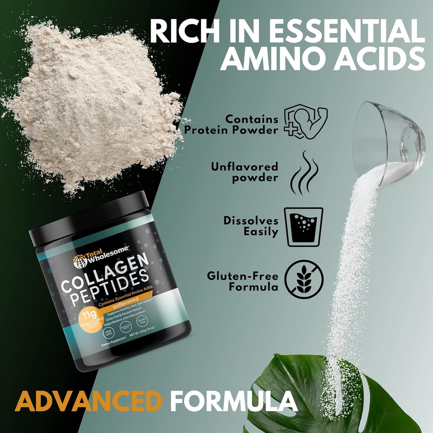 Premium Collagen Powder with Added Protein for Hair, Skin, Nails, Bones & Joints - Non-Gluten Bovine Collagen - 16oz