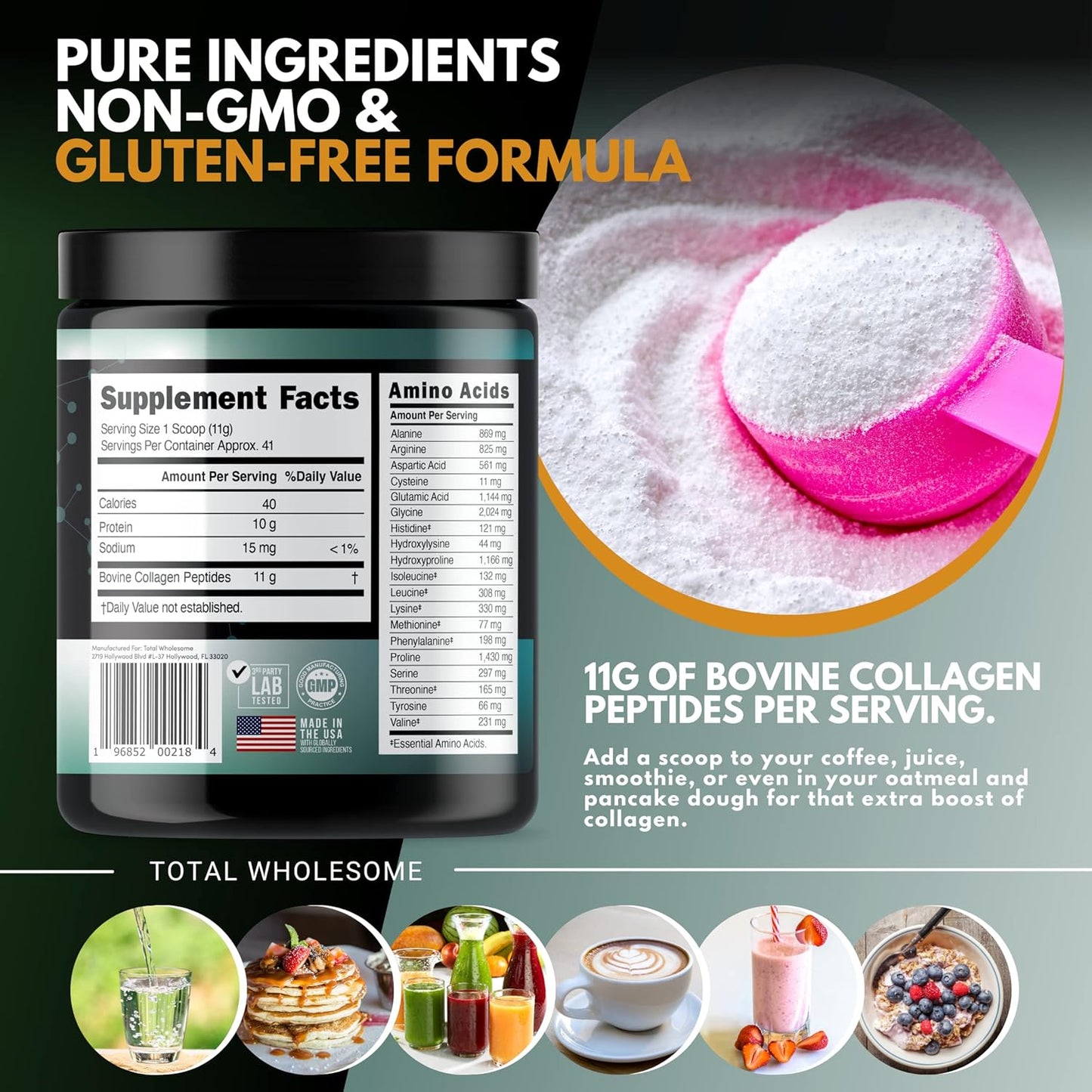 Premium Collagen Powder with Added Protein for Hair, Skin, Nails, Bones & Joints - Non-Gluten Bovine Collagen - 16oz