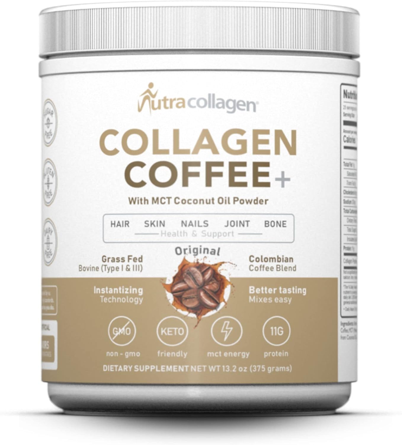 Premium Colombian Coffee Infused NUTRACOLLAGEN Peptide Protein Powder with MCT Coconut Oil - Keto Friendly, Grass-Fed, Soy/Gluten/Sugar Free