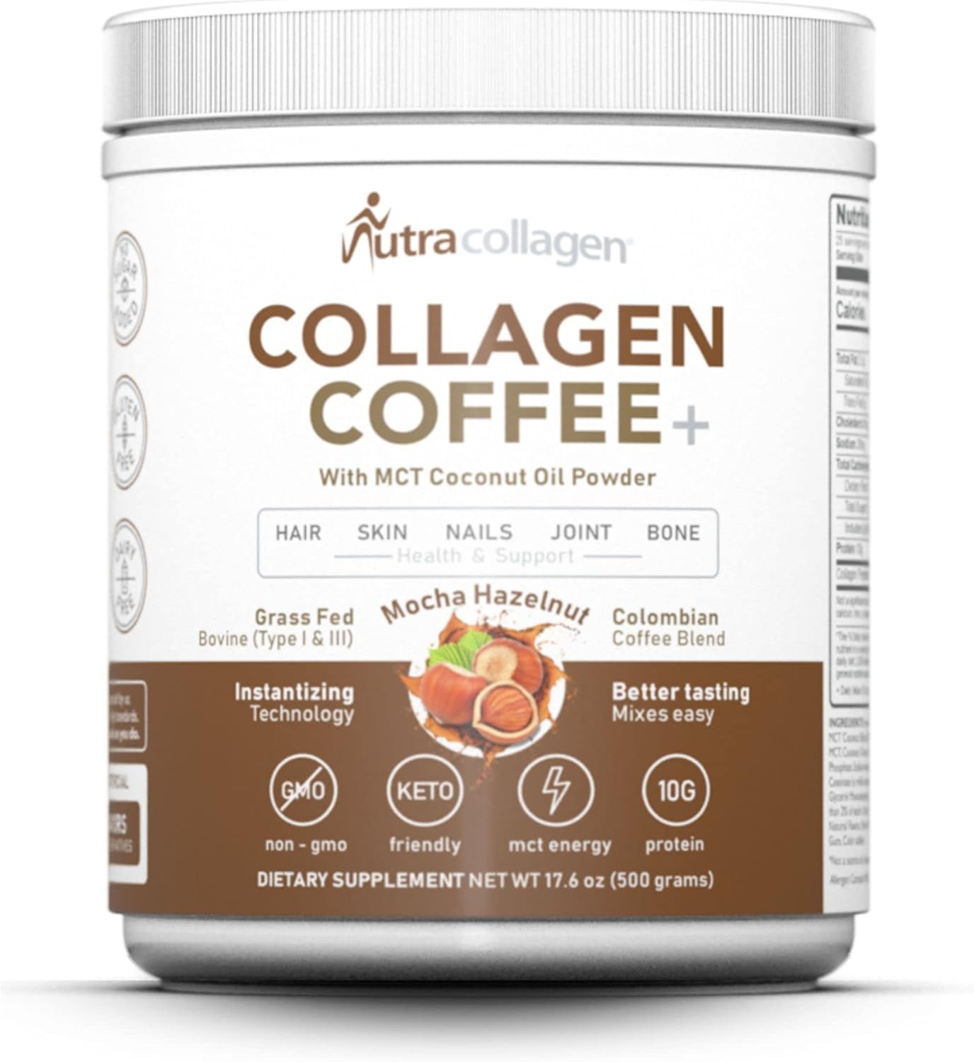 Premium Colombian Coffee Infused NUTRACOLLAGEN Peptide Powder - Grass-Fed, Keto Friendly, Soy & Gluten Free, Mocha Hazelnut Flavor, 25 Servings