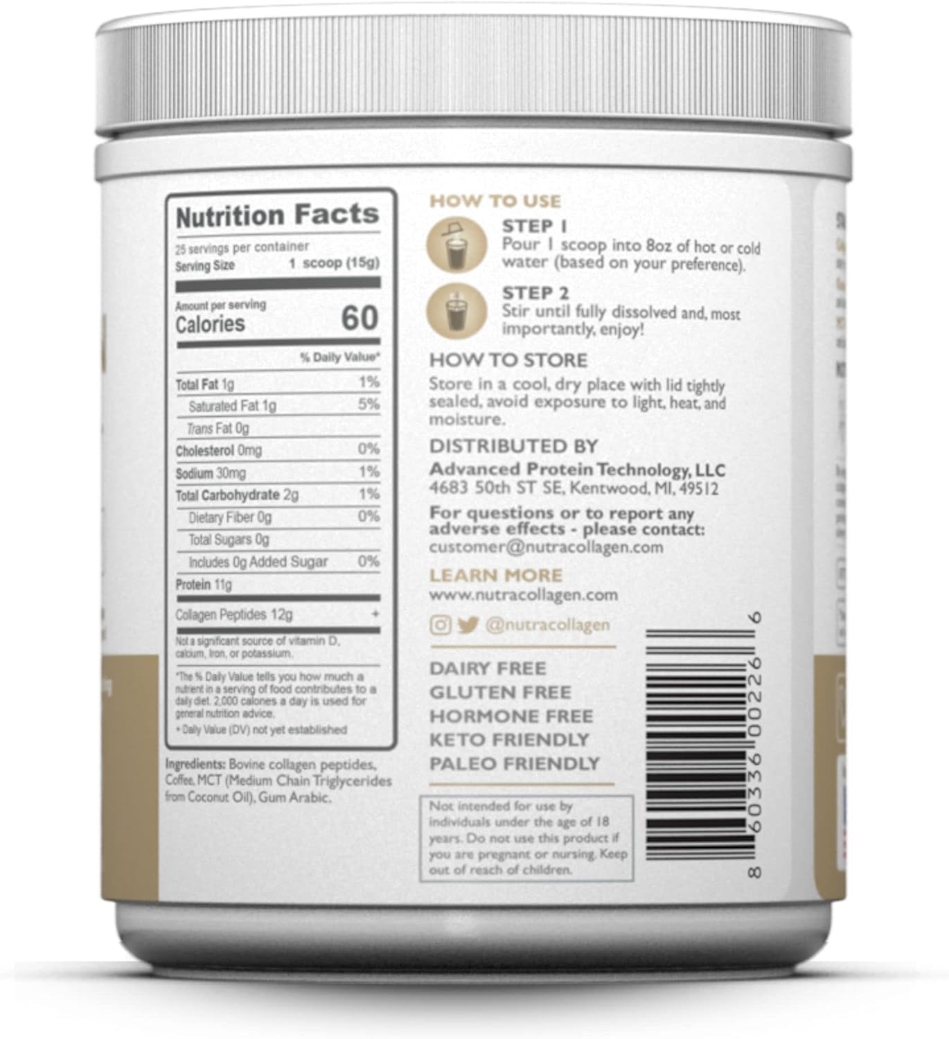 Premium Colombian Coffee Infused NUTRACOLLAGEN Peptide Protein Powder with MCT Coconut Oil - Keto Friendly, Grass-Fed, Soy/Gluten/Sugar Free